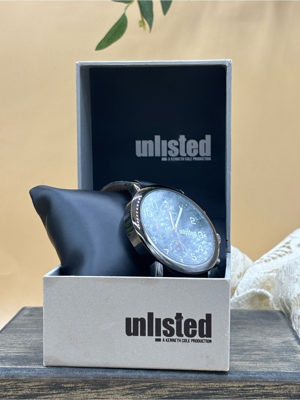 Unlisted Men's Black Dial Multifunction Watch with Black Leather Band